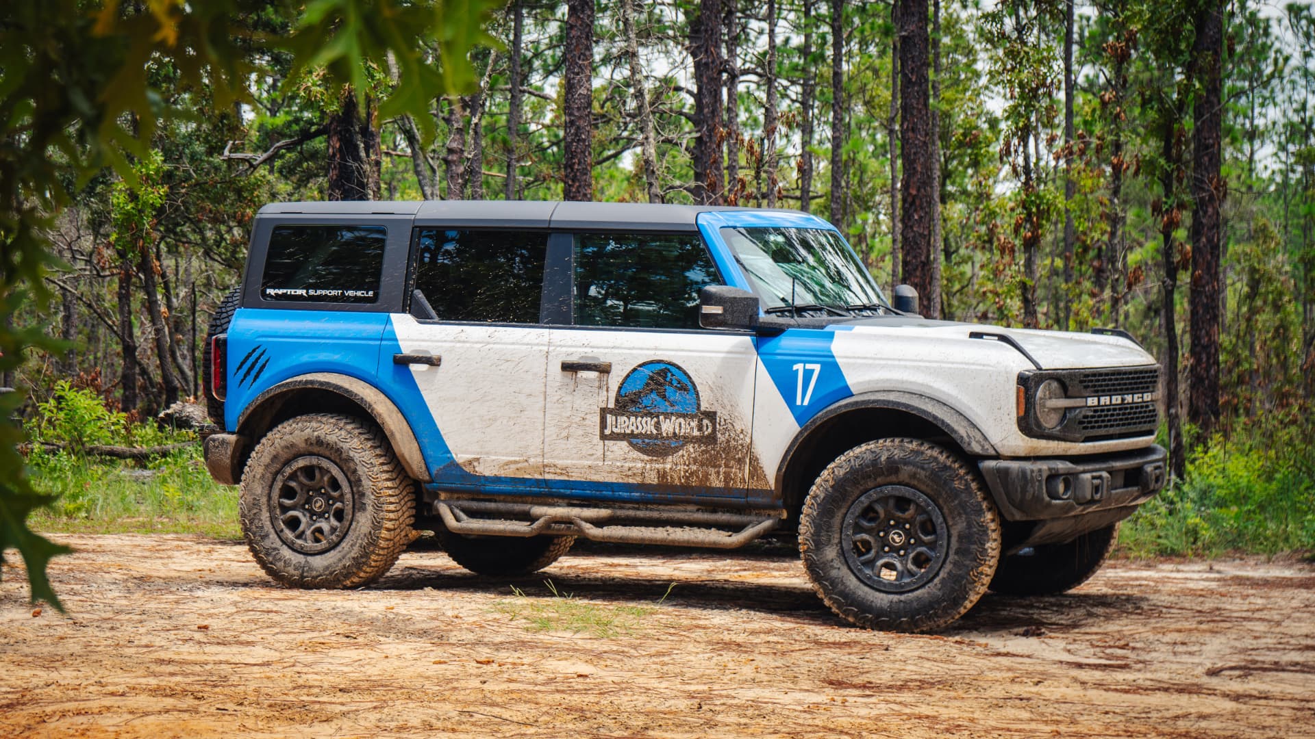 Jurassic World wrapped Bronco Wildtrak on a sandy pine forest trail
