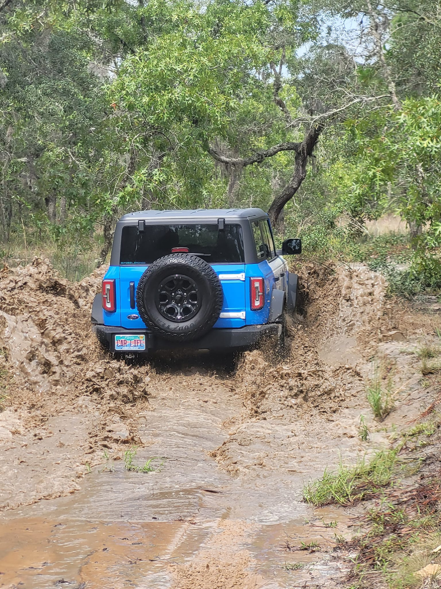 Rear view of the Bronco Wildtrak climbing a muddy rutted trail