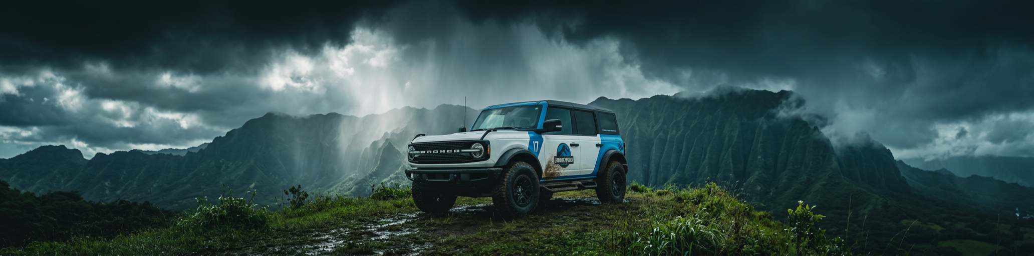 Jurassic World wrapped Ford Bronco Wildtrak parked on a green ridge beneath storm clouds